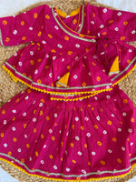 Infant girl angrakha top and skirt-pink yellow bhandej