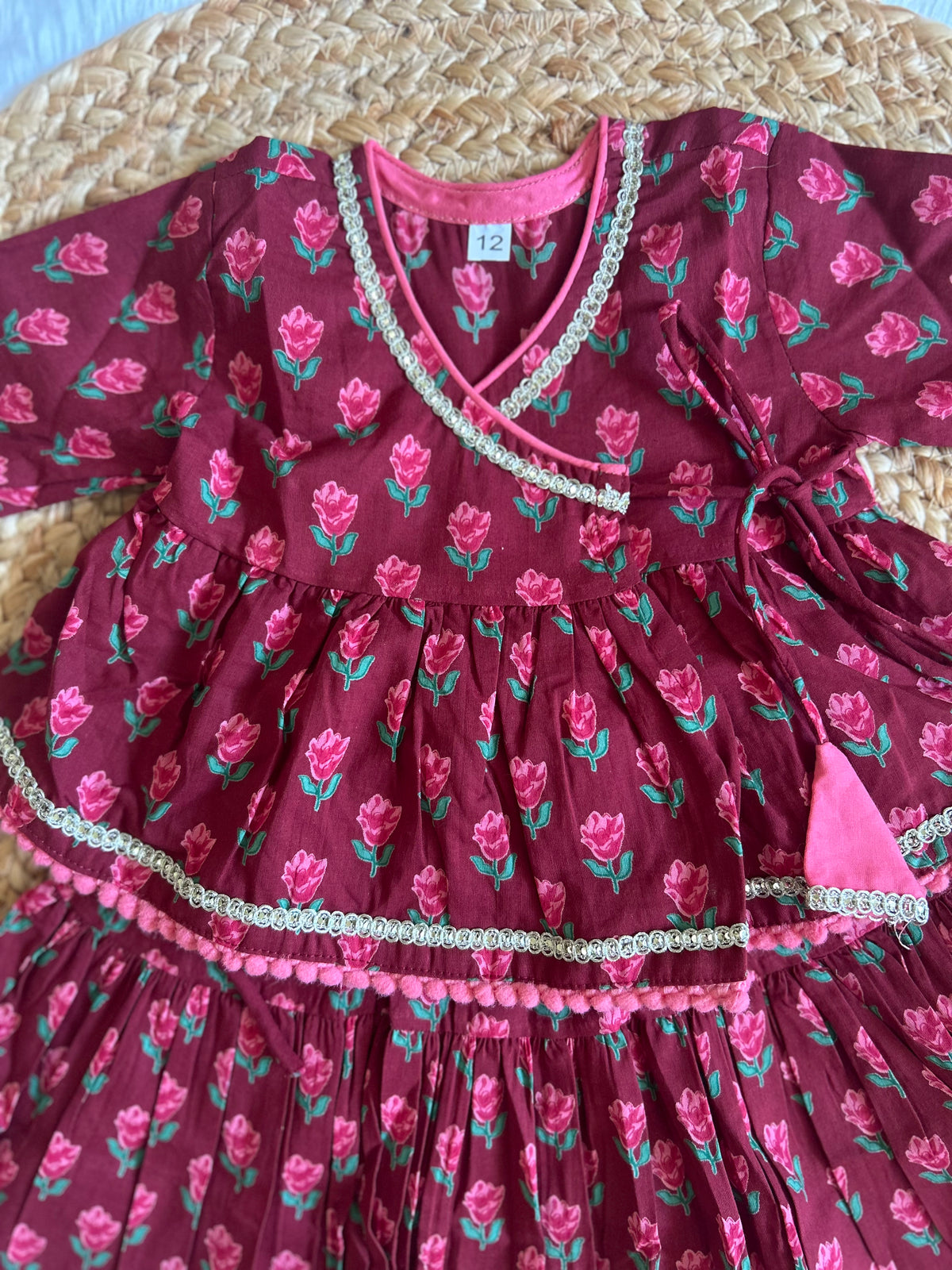 Infant girl angrakha top and skirt-maroon pink