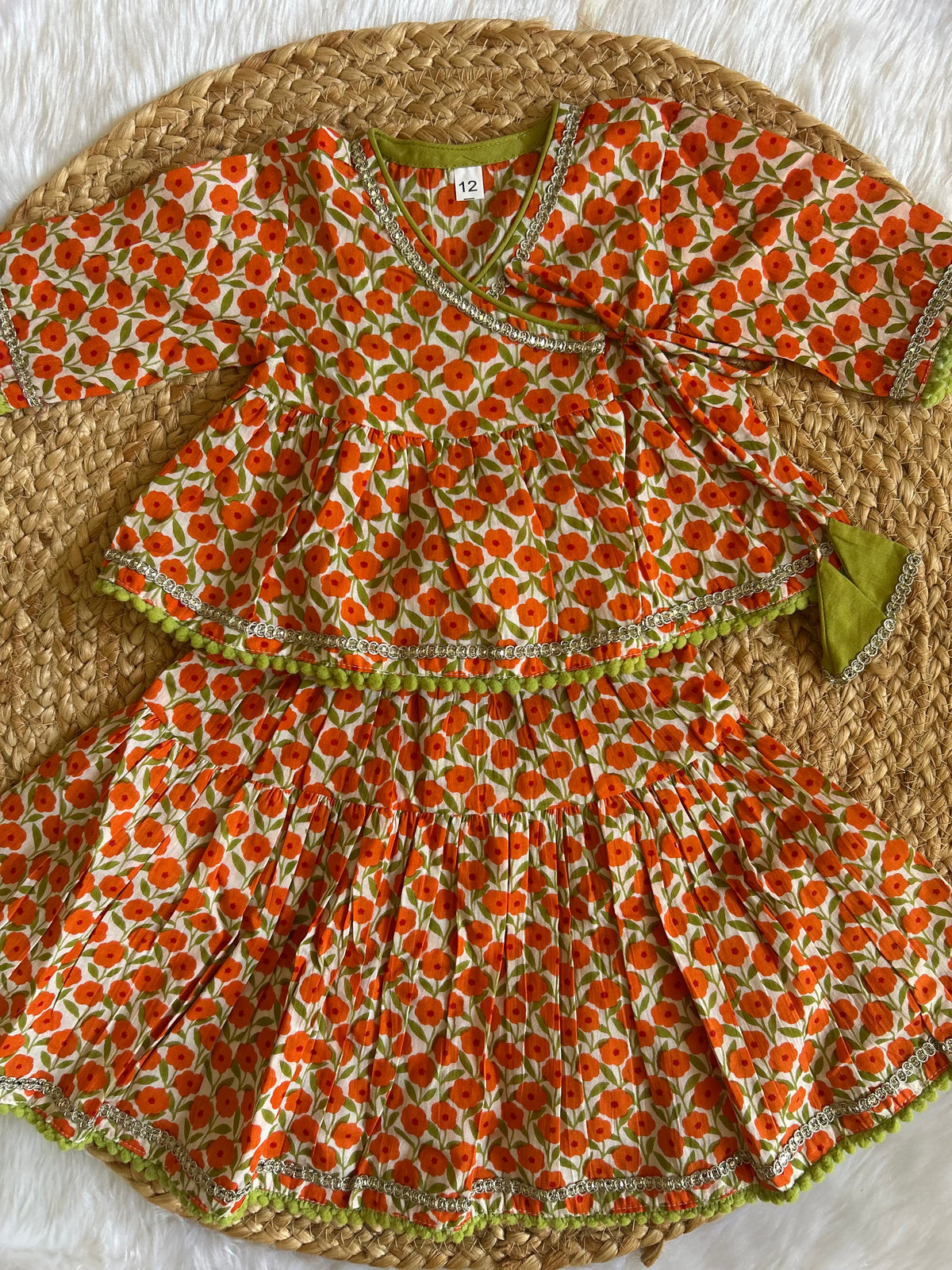 Infant girl angrakha top and skirt-green orange