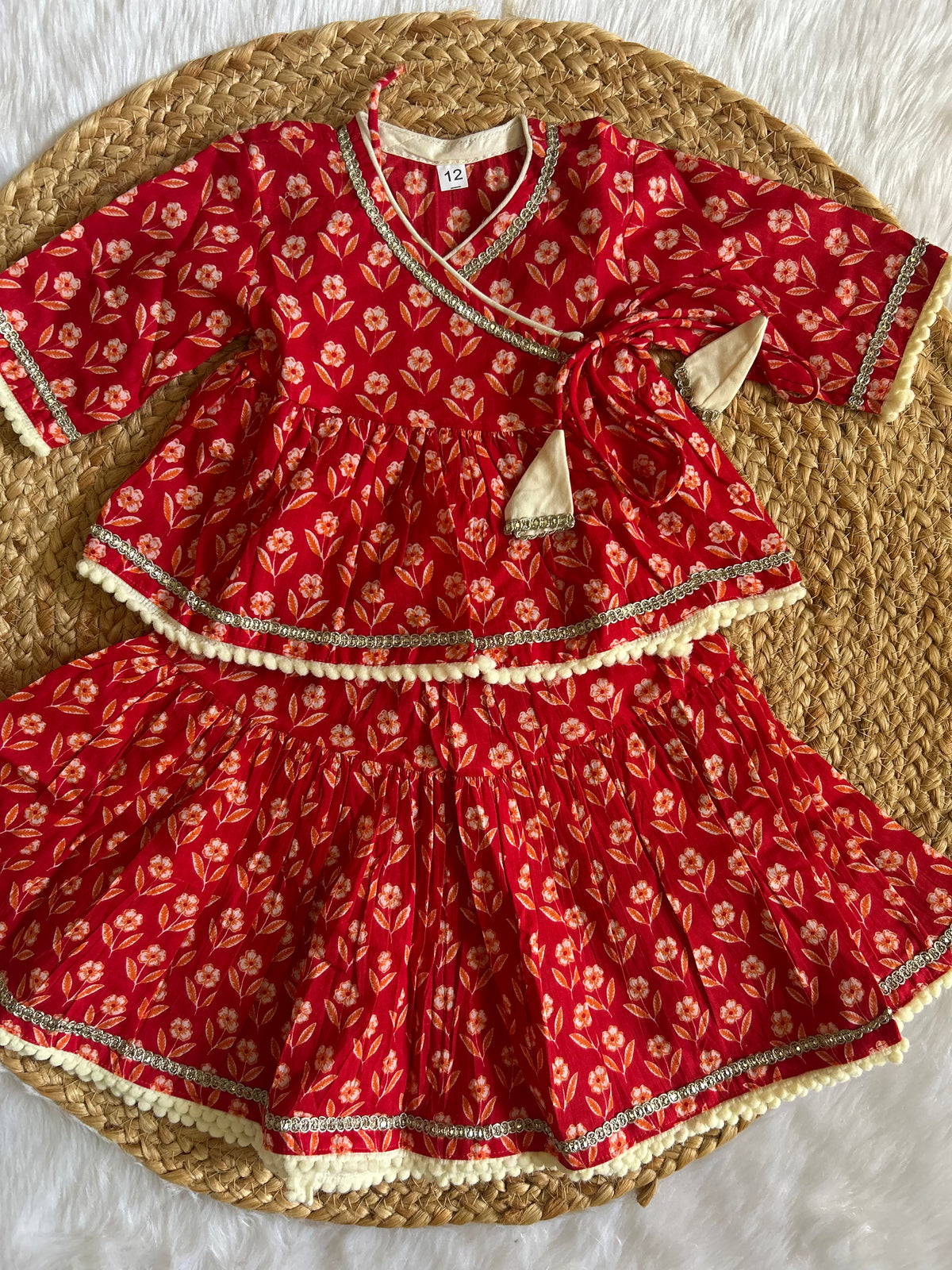 Infant girl angrakha top and skirt-red and white