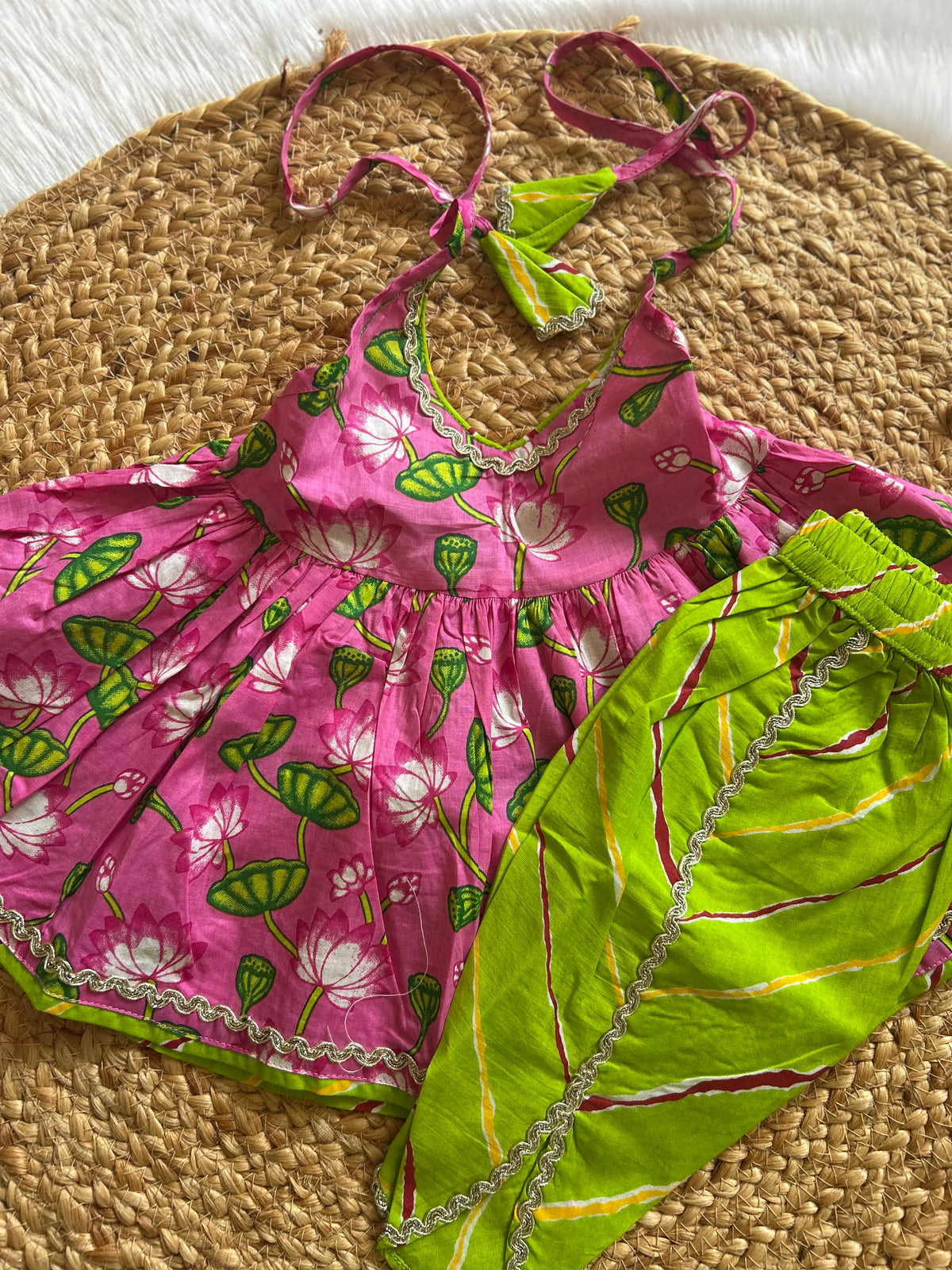 Gulabo Lime Halter Neck Kurti with Lehriya Dhoti