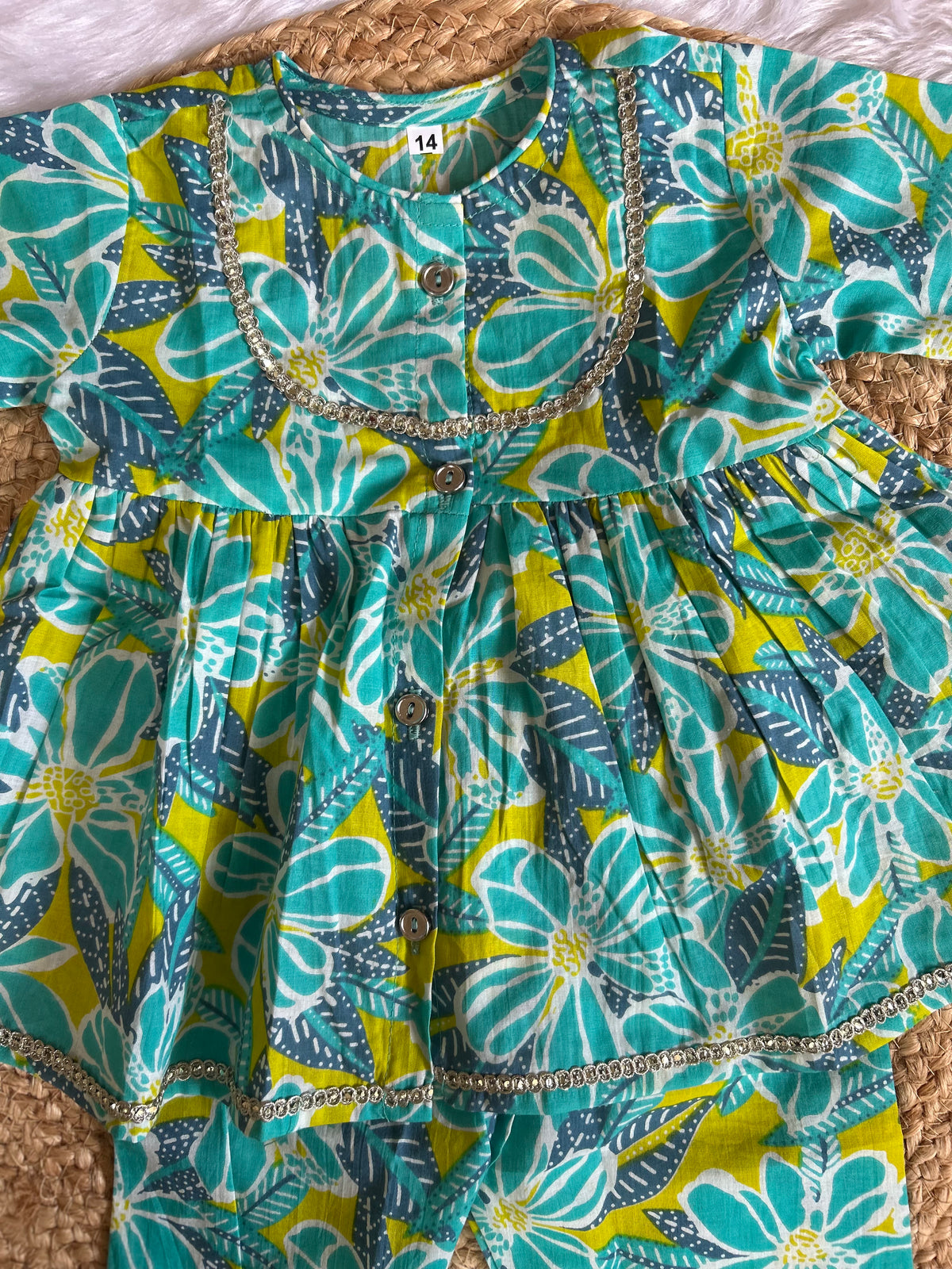 Girl's Aqua Floral Kurti Pant set