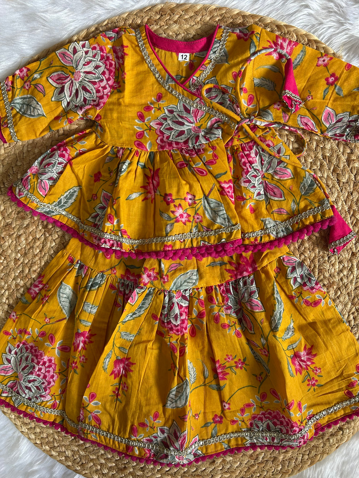 Infant girl angrakha top and skirt-yellow floral
