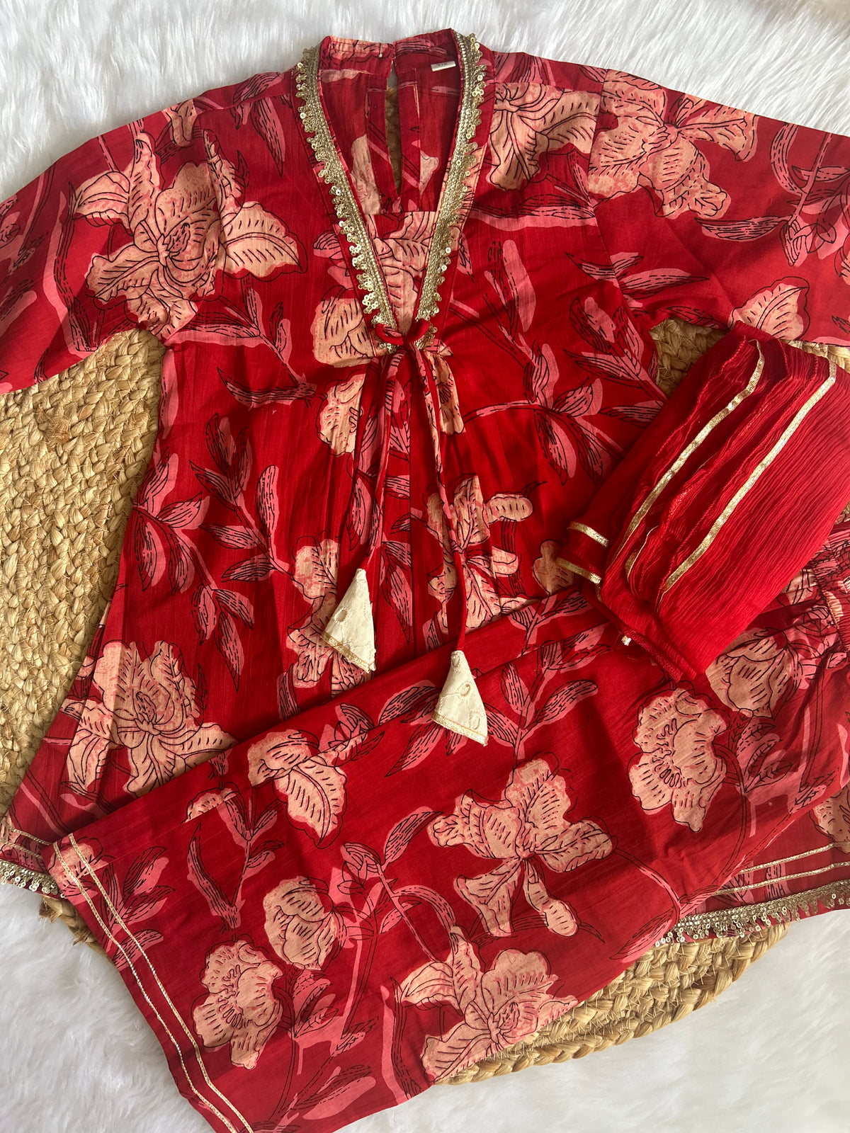 Red floral kurti with palazzo
