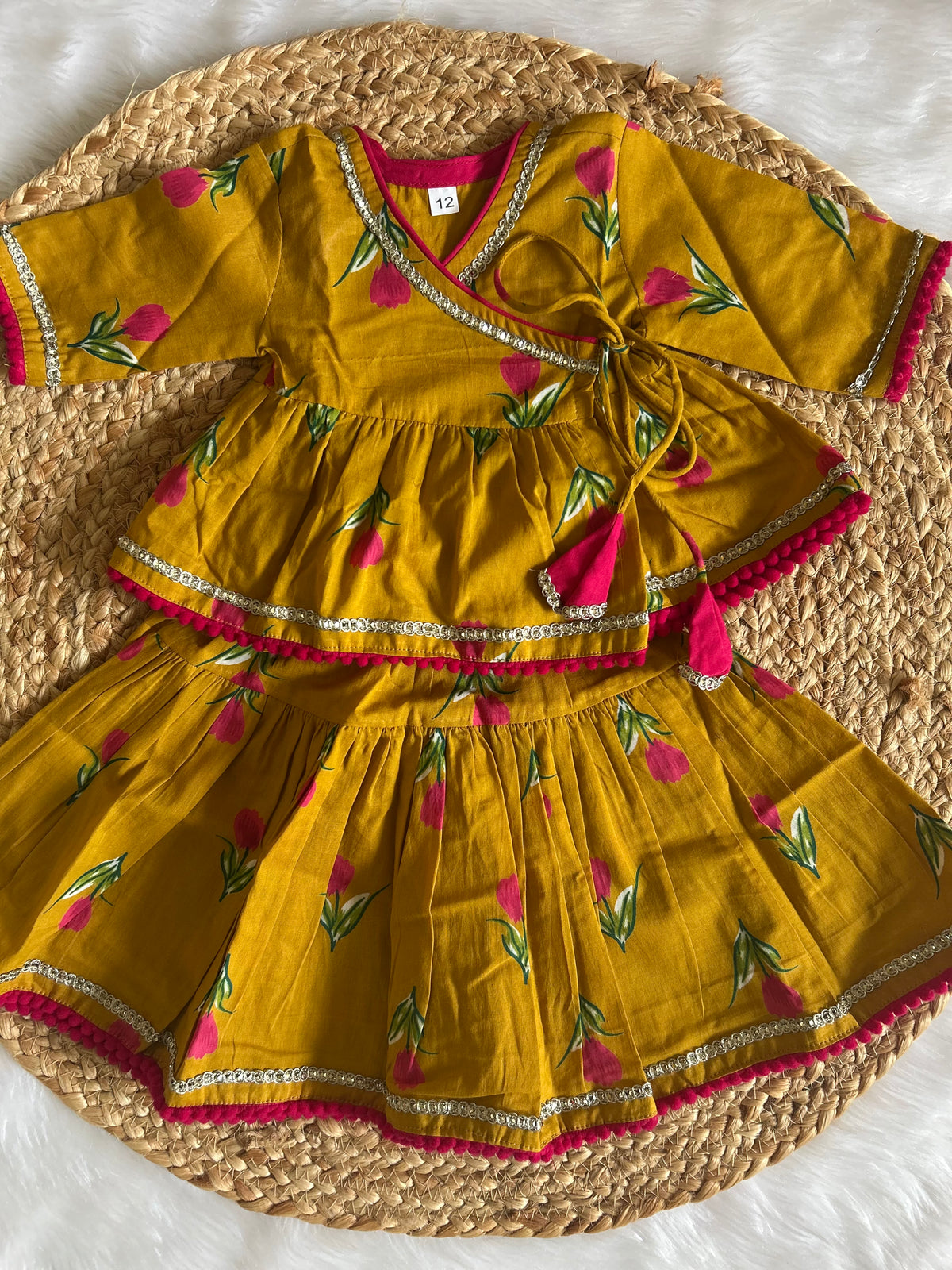 Infant girl angrakha top and skirt-yellow rose
