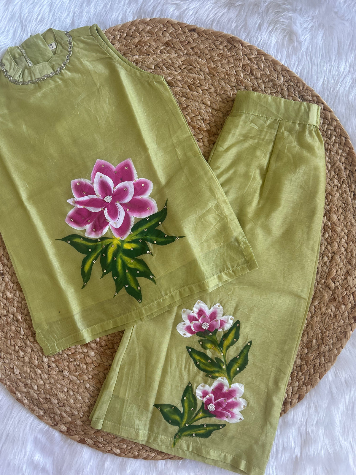 Girl's premium hand painted co-ord set-Green