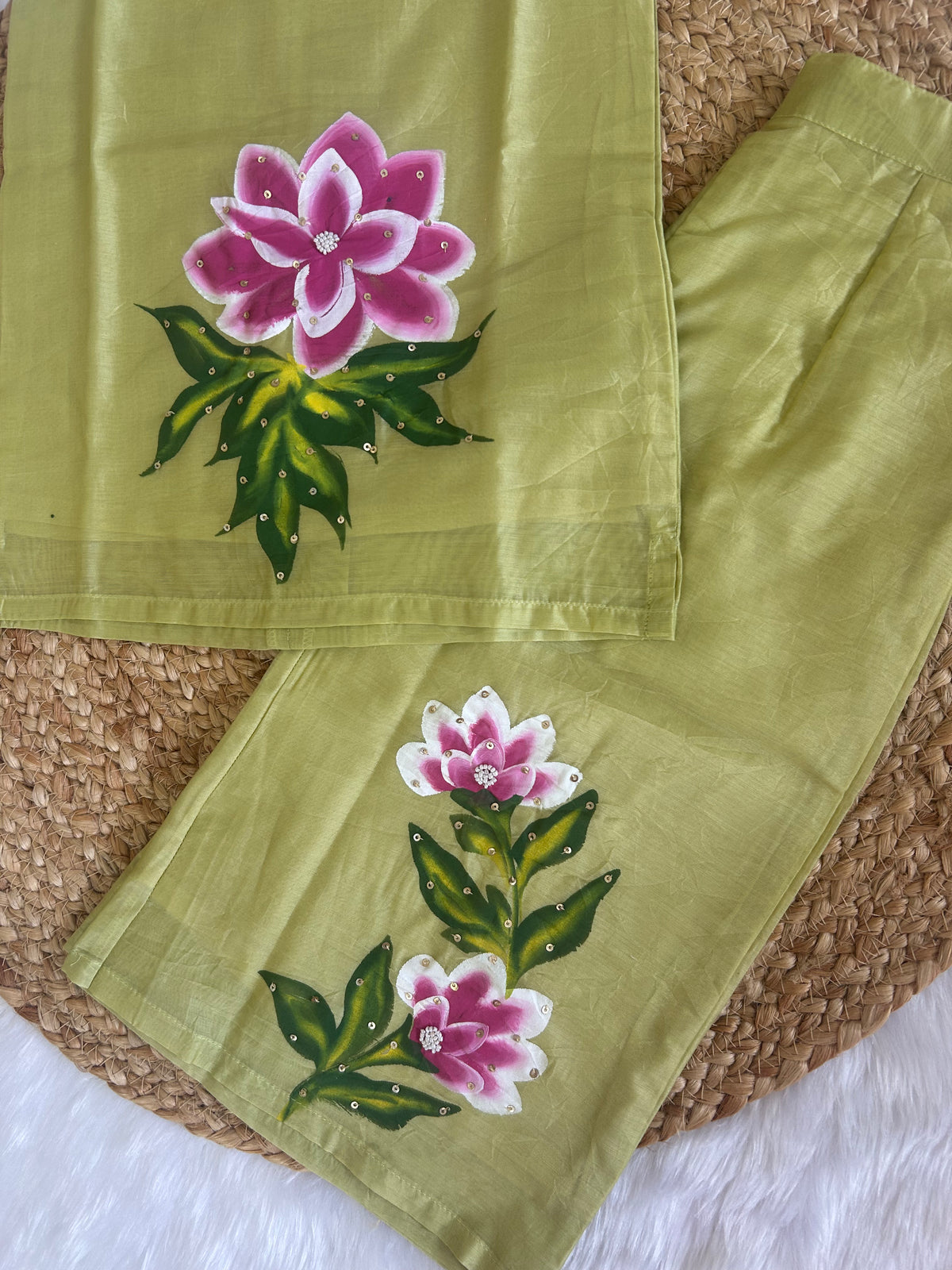 Girl's premium hand painted co-ord set-Green