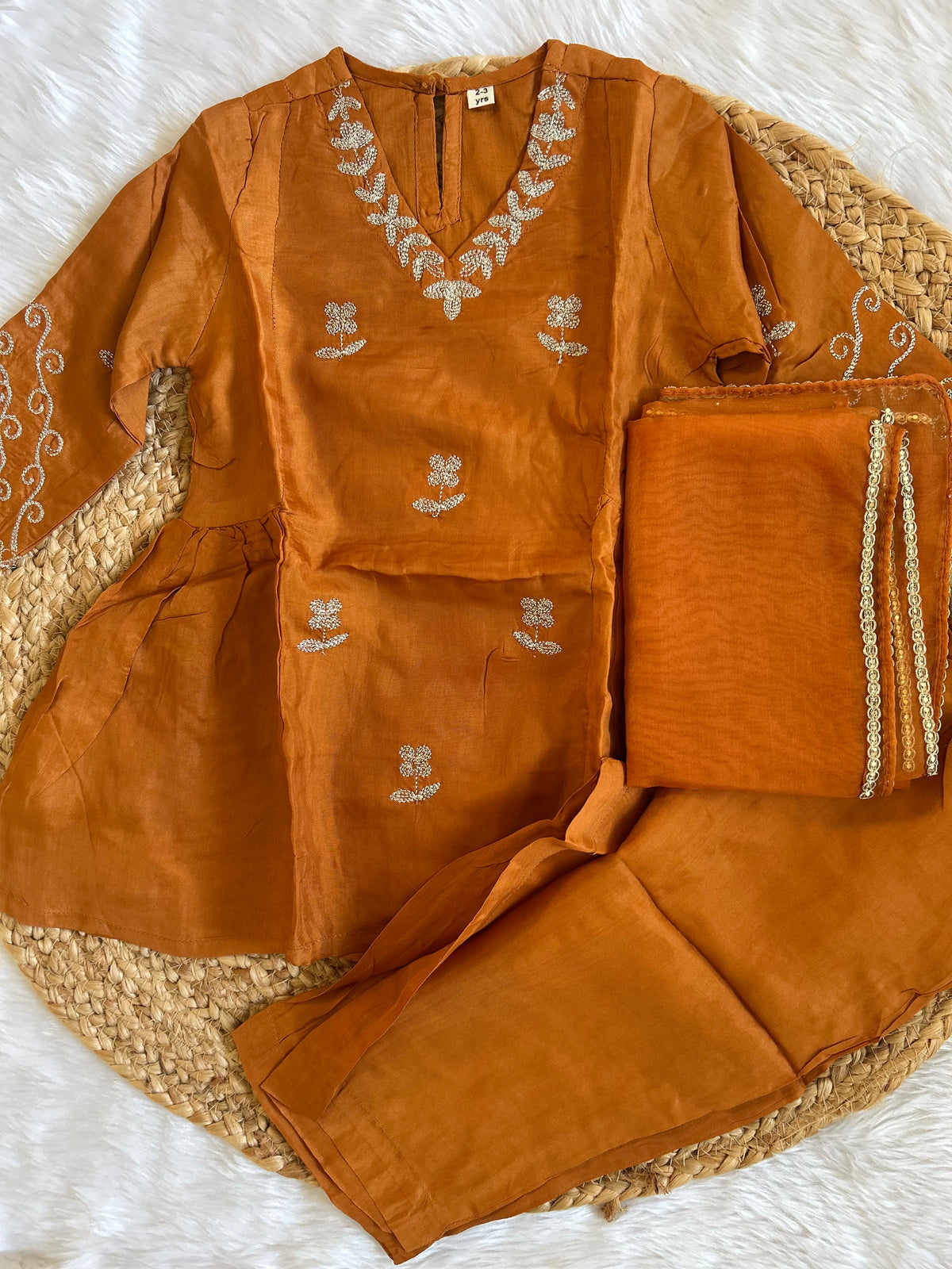 Premium silk rust kurti pant set