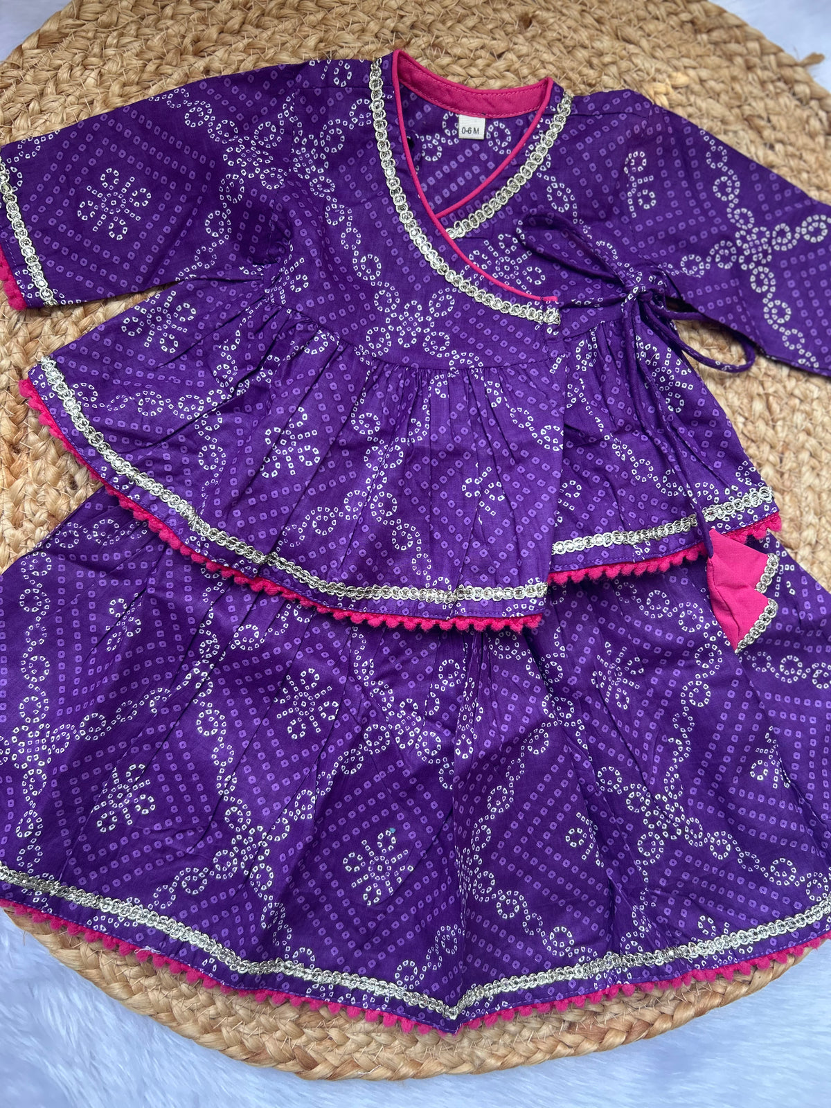 Infant girl angrakha top and skirt-Purple Bhandej