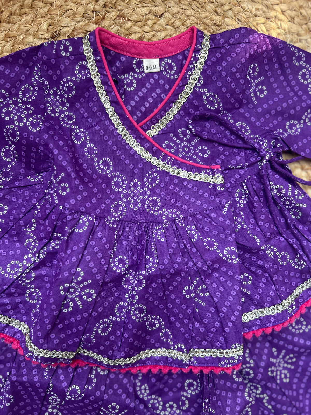 Infant girl angrakha top and skirt-Purple Bhandej