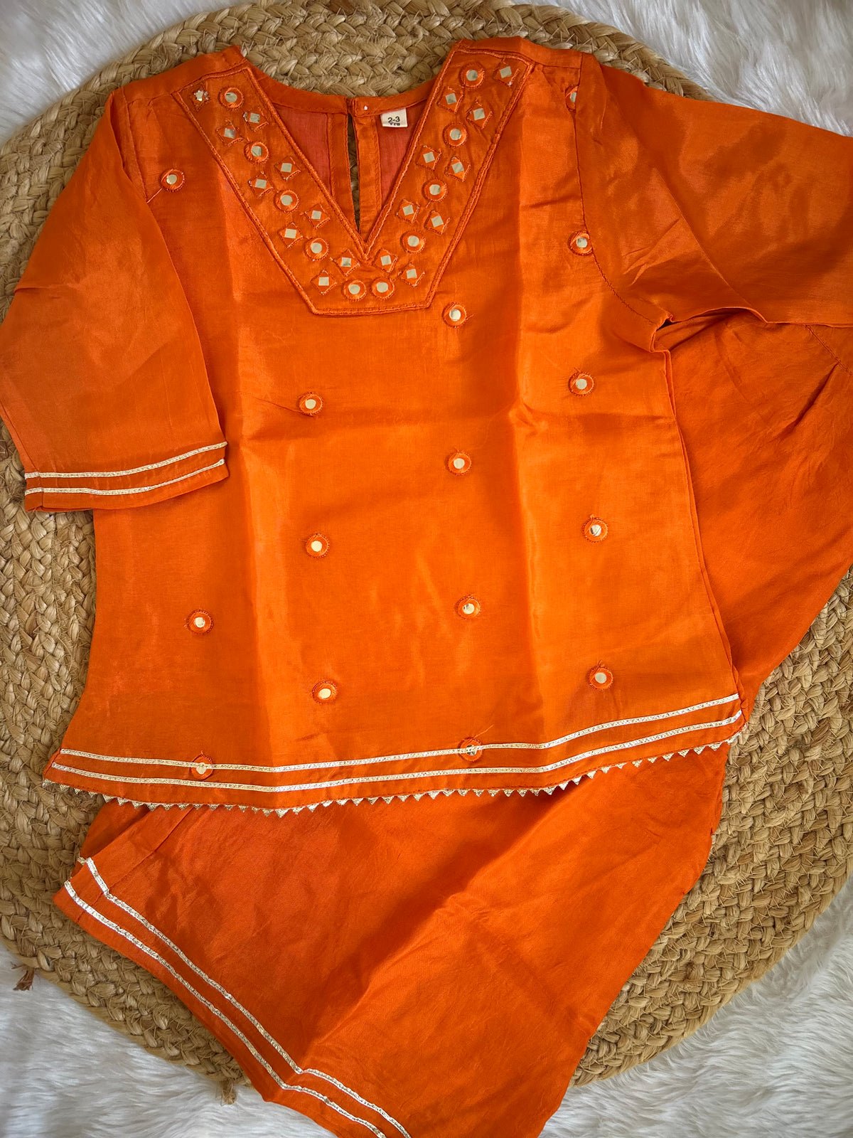 Orange mirror work kurti palazzo