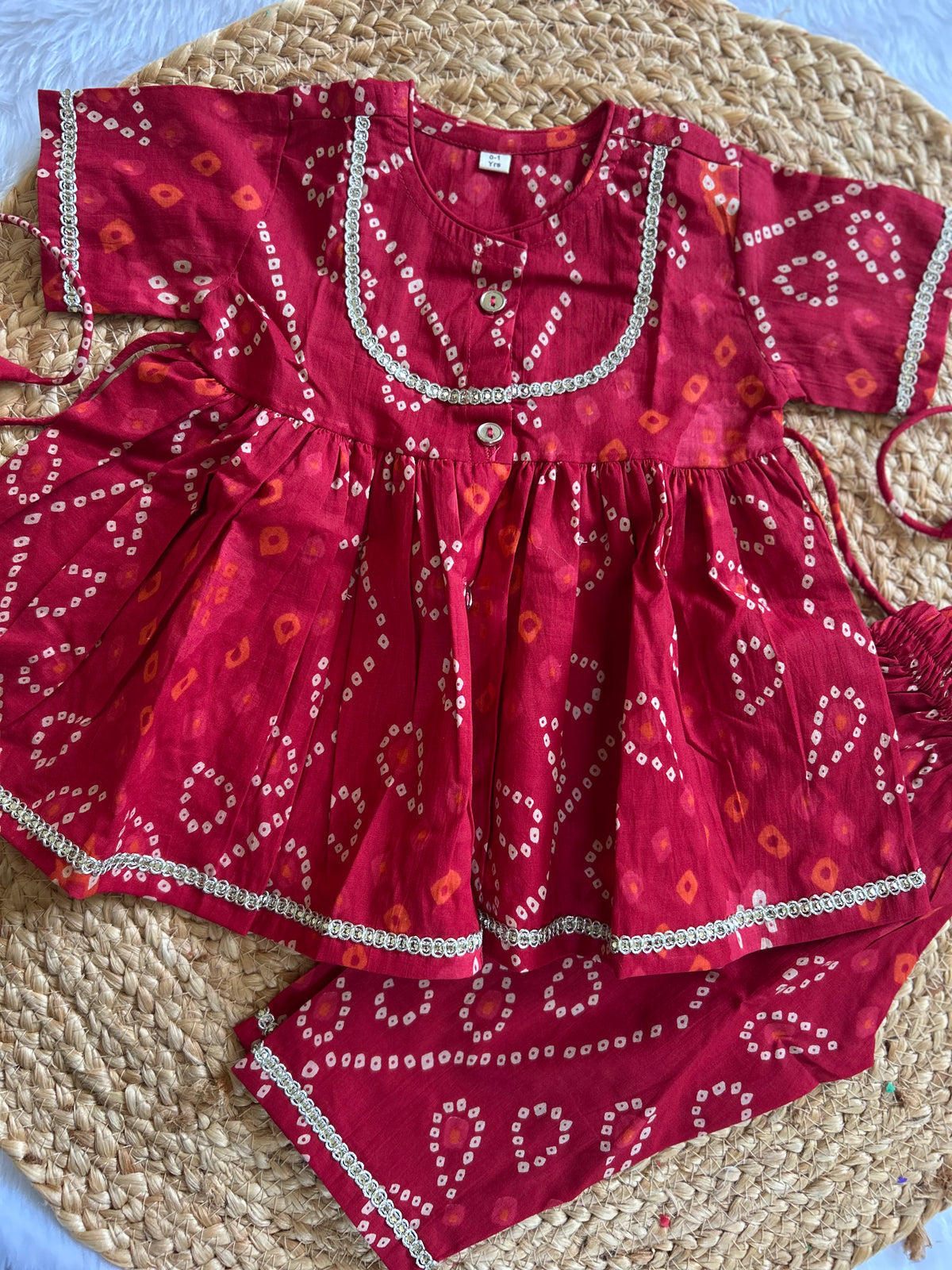 Red Bandhej Kurti Pant Set