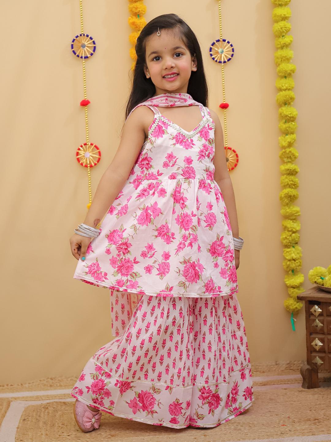 Pink Traditional Girl's Peplum Sharara with Dupatta
