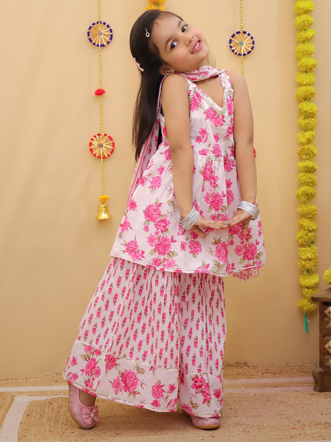 Pink Traditional Girl's Peplum Sharara with Dupatta