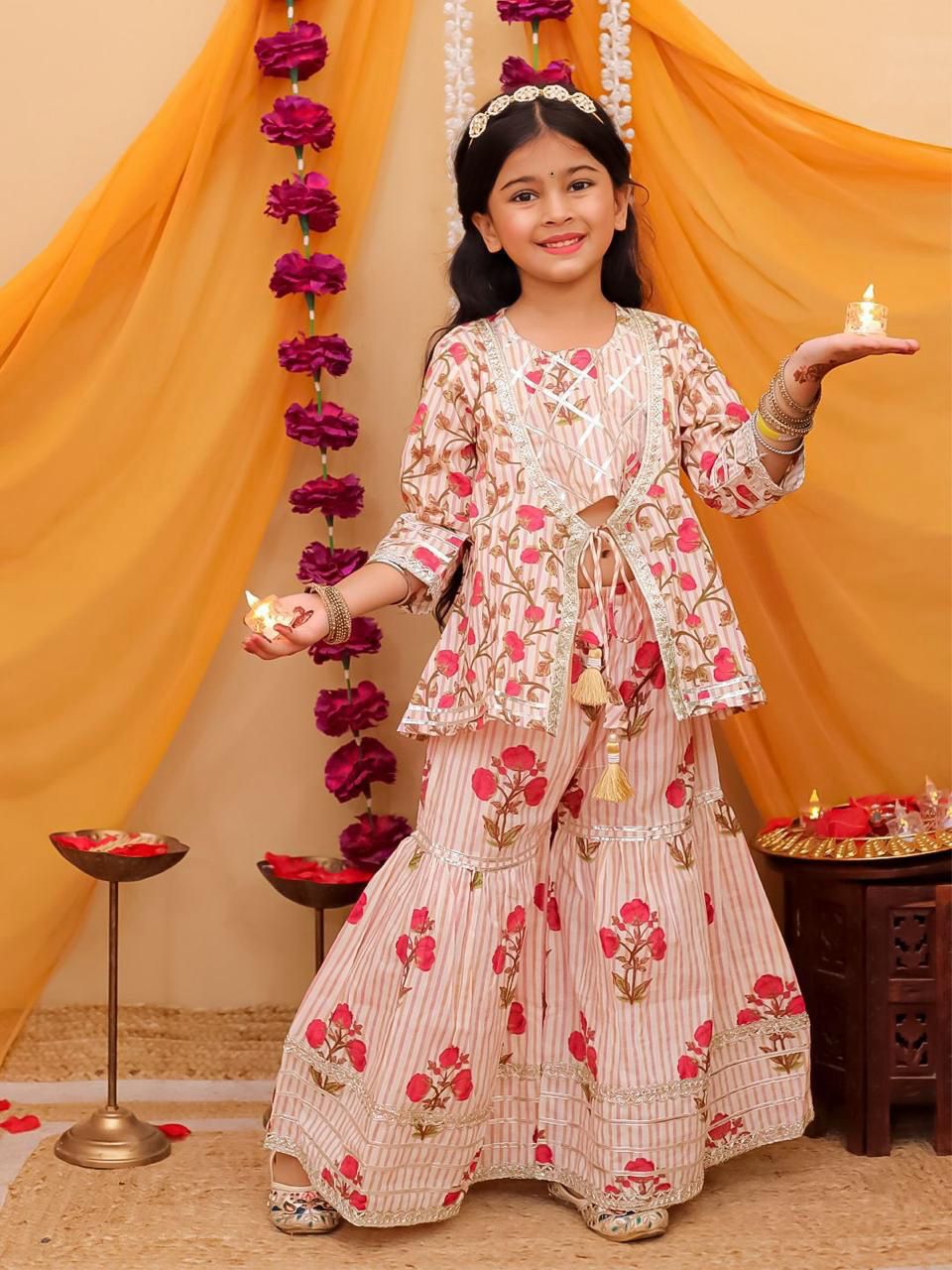 Girl's Pink peplum kurta with sharara set