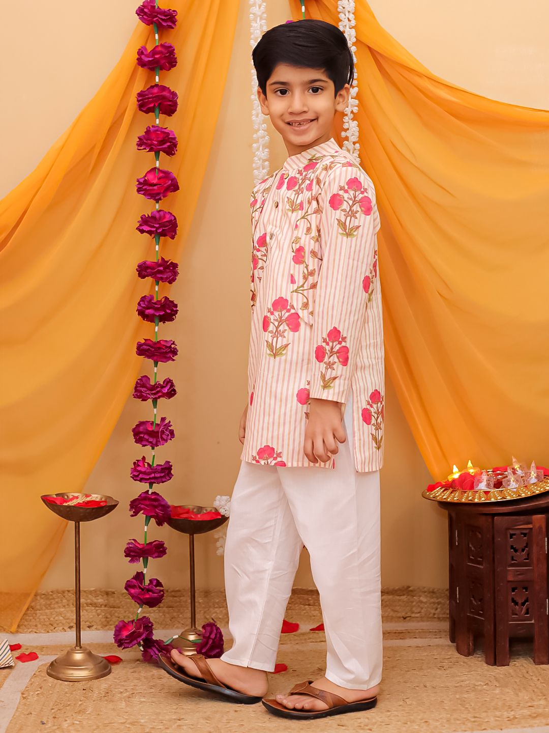 Boy's Pink kurta pajama with attached jacket