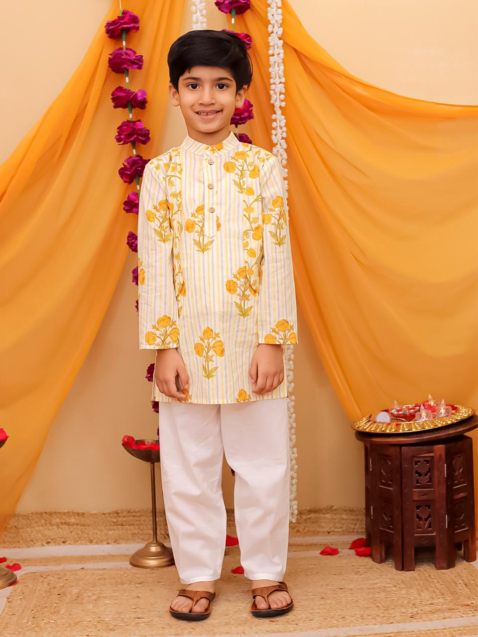 Boy's Yellow kurta pajama with attached jacket
