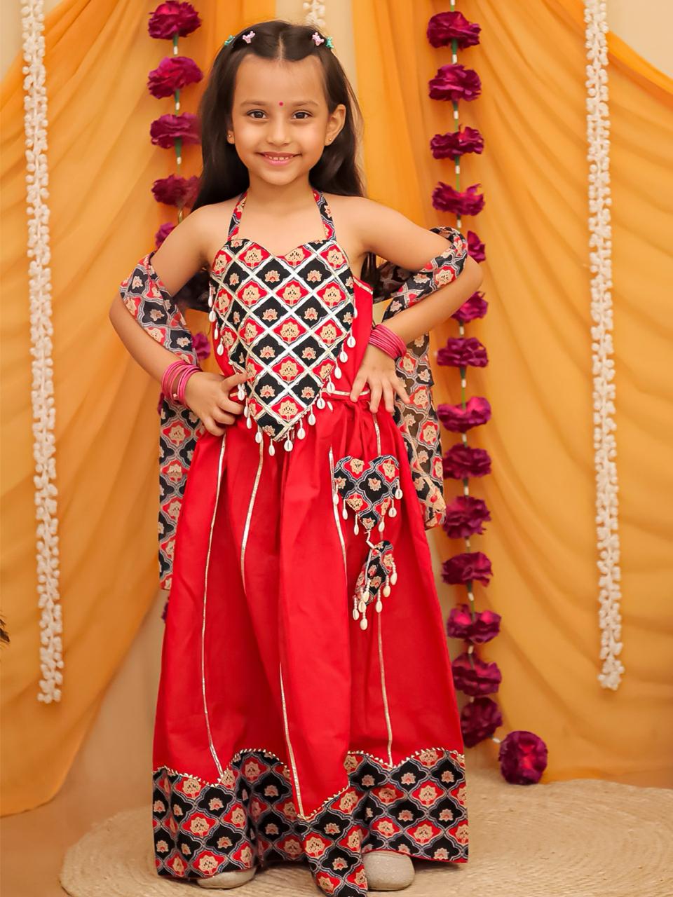 Red halter neck navratri lehenga choli